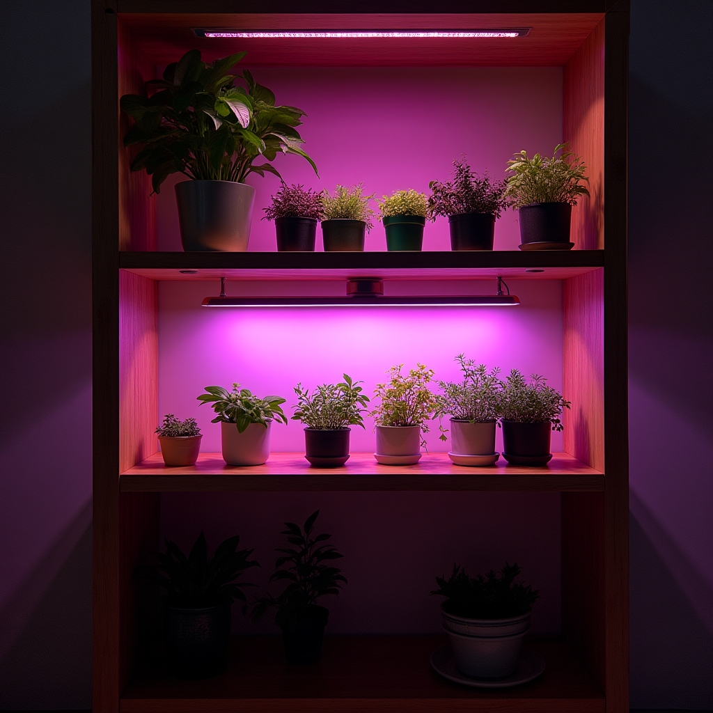 LED pěstební osvětlení nad regálem s bylinkami